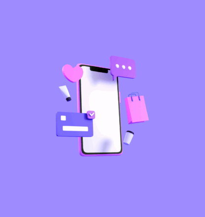 Mobile phone with icons on purple background